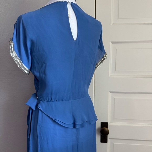 Vintage Norman Berg Blue Peplum Dress w/ Hand Beaded Trim - Picture 8 of 15
